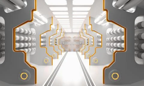 Sci-Fi grunge damaged metallic corridor background illuminated with neon ligh Illustrazione stock