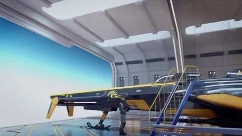 Sci-Fi Hangar Scene with Technicians preparing Futuristic Spacecraft for launch Stock Footage 311280799
