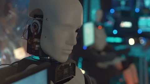 Sci-fi help robots cabin. Two robot humanoid are sitting on a chair. Future cosm Stock Footage 98865880