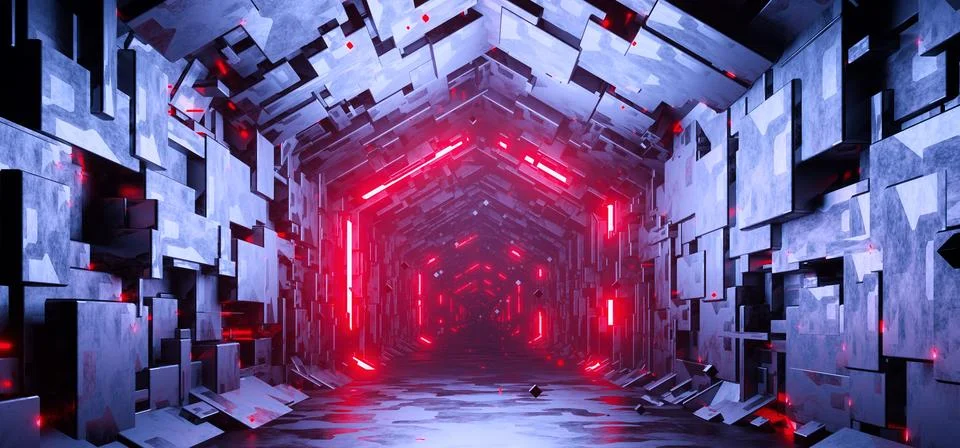 Sci-fi hexagonal empty tunnel with glowing red neon hexagon sign background Stock Illustration