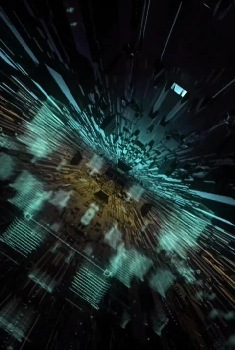 Sci-Fi Hexagonal Tunnel Loop with Data Glitch HUD Overlay Stock Footage 336003683