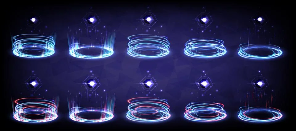 Sci-fi high-technology stage collection in glowing HUD. Hologram portal swirl Stock Illustration