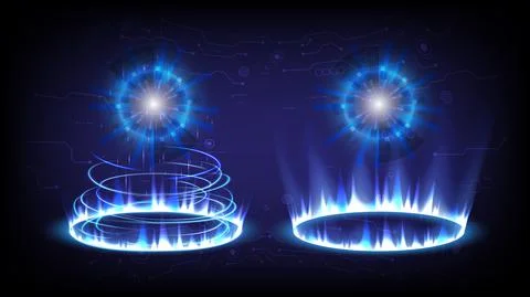 Sci-fi high-technology stage collection in glowing HUD. Showing hologram port Stock Illustration