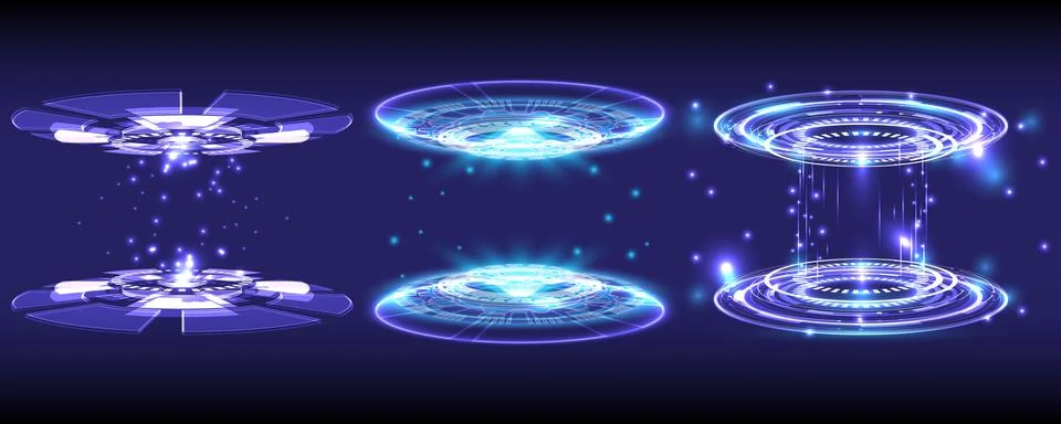 Sci-fi high-technology stage collection in glowing HUD. Magic warp gate in ga イラスト素材