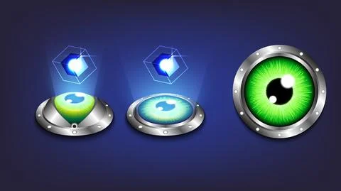 Sci-fi high-technology stage collection in glowing HUD. Biometric eye Securit イラスト素材