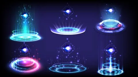 Sci-fi high-technology stage collection in glowing HUD. Magic warp gate in ga Иллюстрация
