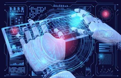 Sci fi Hologram control panel dashboard in HUD style. Robot typing on keyboard. Stock Illustration