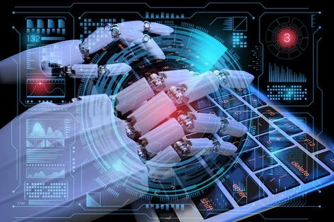 Sci fi Hologram control panel dashboard in HUD style. Robot typing n keyboard. Stock Illustration