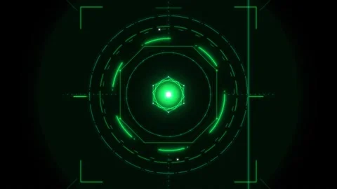 Sci-fi holographic display with a glowing green geometric core and circular.. 動画素材 335826638