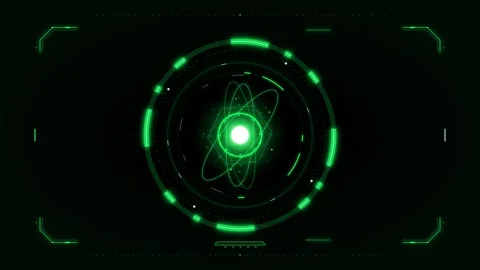 Sci-fi HUD with a glowing green atom symbol at the center surrounded by con.. 動画素材 335826669