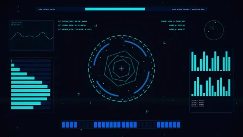 Sci Fi HUD progress Blue futuristic interface showing progress bars and dig.. Stock Footage 336882692