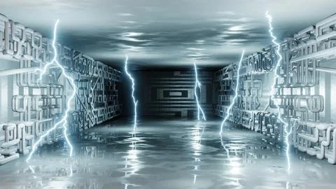 Sci-fi interior. Modern technology design. Bright neon flashes of electrici.. Stock Illustration