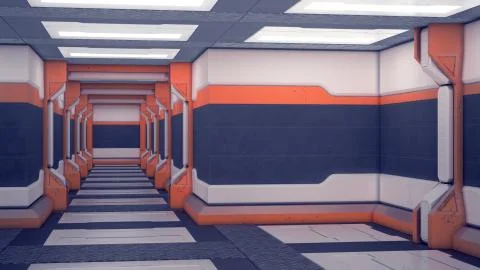Sci-fi Interior space station. White futuristic panels with orange accents. S 库存插图