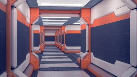 Sci-fi Interior spacecraft. White futuristic panels with orange accents. Spac Illustration