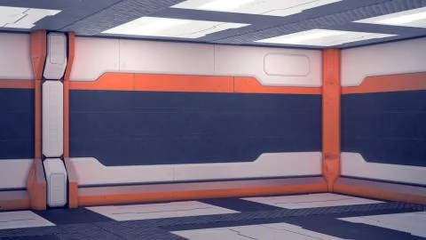 Sci-fi Interior spaceship. White futuristic walls with orange beams. Spaceshi Stock Illustration
