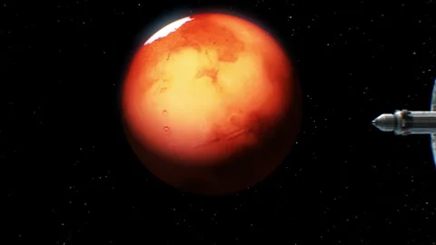Sci-fi interplanetary spaceship on Mars background Stock Footage 90544699