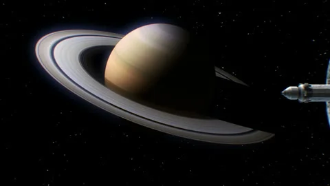 Sci-fi interplanetary spaceship on Saturn background Stockbeeldmateriaal 90557827