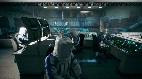 A Sci-Fi laboratory with a control room for a time machine or a thermonuclear Illustrazione stock