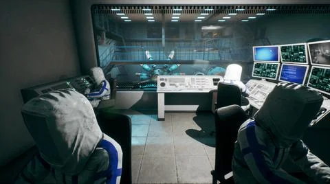 A Sci-Fi laboratory with a control room for a time machine or a thermonuclear Stock Illustration