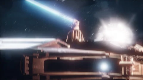 Sci-Fi Laser Cannon Tower Attacking Enemy Ships Video stock 309322403