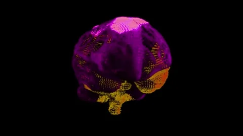 Sci-Fi LCD Brain with Yellow, Purple, Red Particles in Holographic 3D Y2K Render 動画素材 308418634