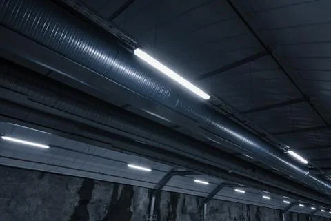 Sci fi looking dark and moody underground parking lot with fluorescent lights Stock Photos