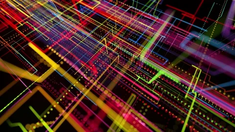 Sci-fi looped background, abstract hologram. Multicolor neon glow lines form Stock Footage 138076960