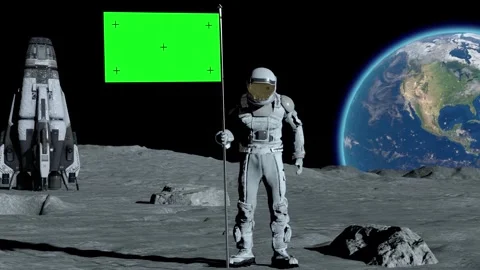 Sci-fi Lunar astronaut walks on the moon with green screen flag Stock Footage 341344237