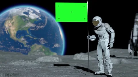 Sci-fi Lunar astronaut walks on the moon with green screen flag Stock Footage 341344282