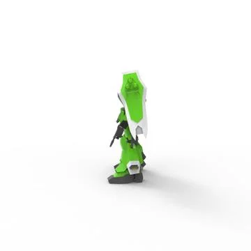 Sci-fi mech soldier standing on a white background. Military futuristic robot Stock Illustration