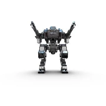 Sci fi military metallic robot on white background Stock Illustration