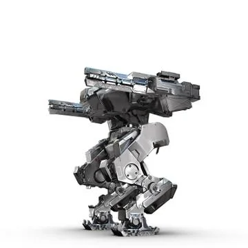 Sci fi military metallic robot on white background Stock Illustration