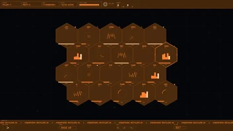 Sci-fi mission control dashboard with orange telemetry data hexagonal grid .. Stock Footage 334091019