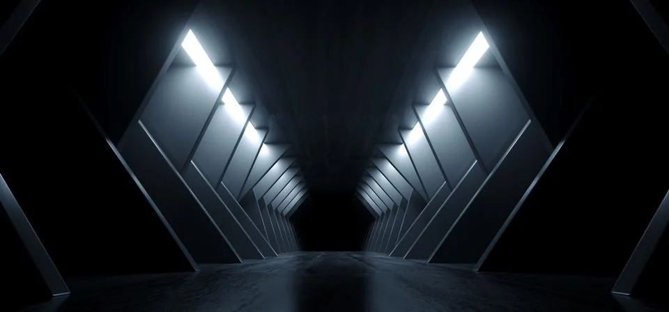 Sci Fi Modern Futuristic Angular Cement Dark Alien Spaceship Room Tunnel Corr Illustrazione stock