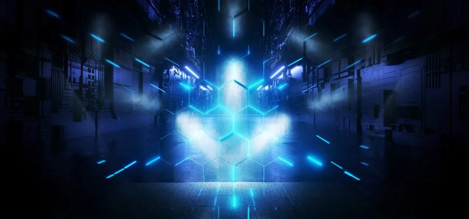 Sci Fi Neon Laser Hexagonal Alien Space Ship Blue Futuristic Synth Cyber Tech Illustrazione stock