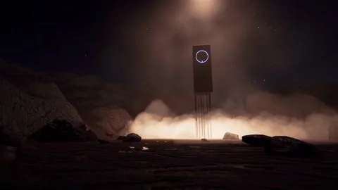 Sci fi object on another planet in fantastic style on dust rock landscape Stock Footage 145395182