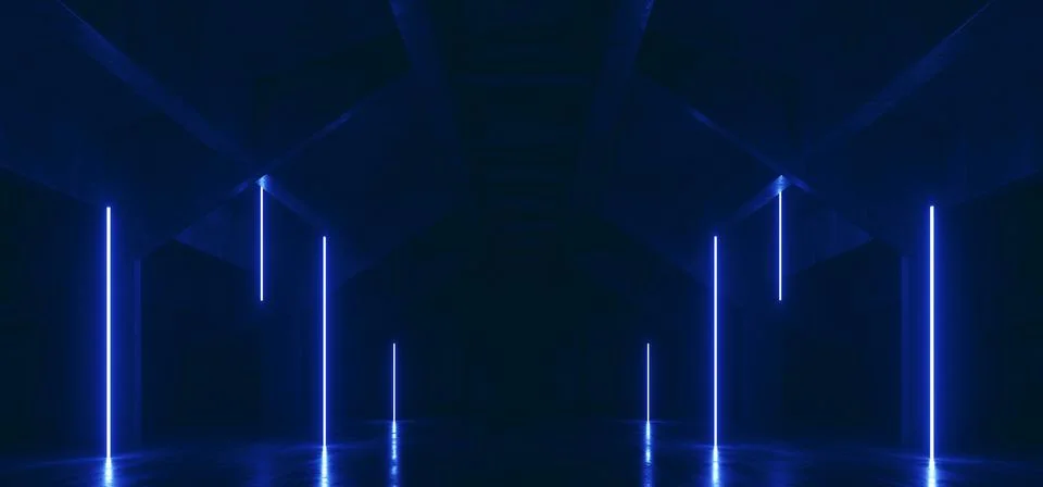 Sci Fi Old Barn Concrete Hangar Warehouse Neon Glowing Blue Line Lights Pil.. Stock Illustration