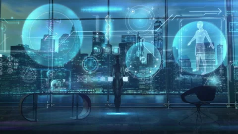 A sci-fi plot with an android and an array of medical data, 3D render Stockbeeldmateriaal 185914543