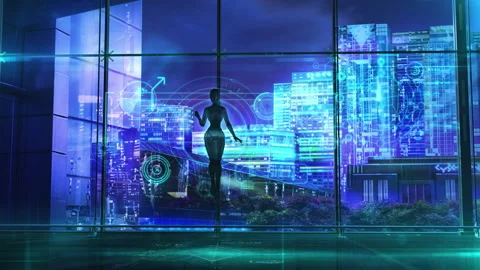 Sci-fi plot with android and infographics, 3D render Stockbeeldmateriaal 201980136