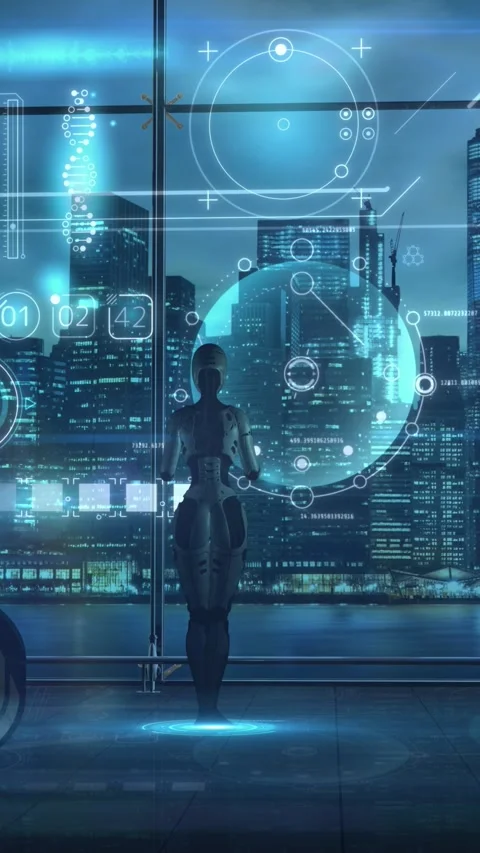 A sci-fi plot with an android and an array of medical data, 3D render Stock Footage 290286514