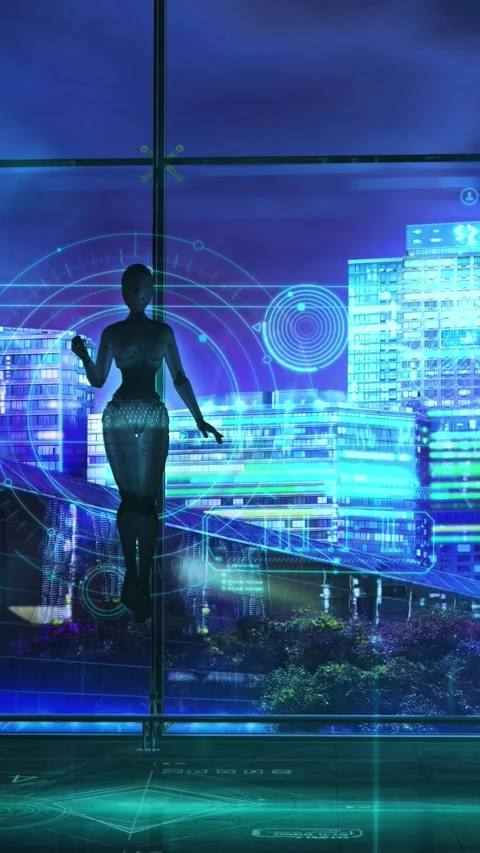 Sci-fi plot with android and infographics, 3D render Vídeos de archivo 291909027