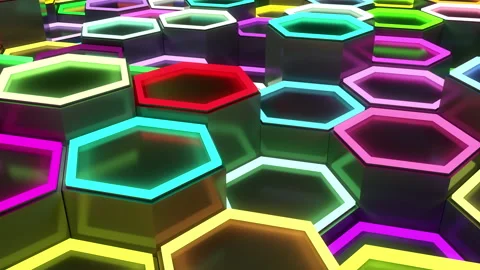 Sci-fi polygons with multicolor neon lighting tops moving up and down loopable Stock Footage 145714089