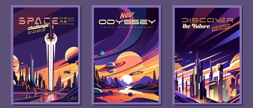 Sci-fi posters on the theme of space in the style of retrofuturism. Stock Illustration