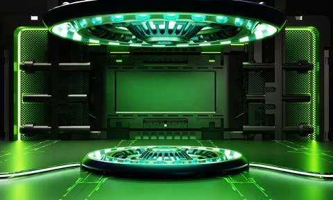 Sci-fi product podium showcase in spaceship with green light background. Sp.. Stock Illustration