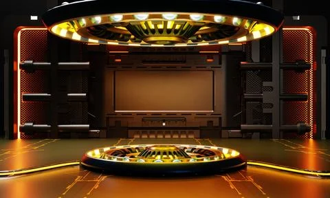 Sci-fi product podium showcase in spaceship with orange light background. S.. Stock Illustration