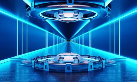 Sci-fi product podium showcase in spaceship with white and blue background... Stock Illustration