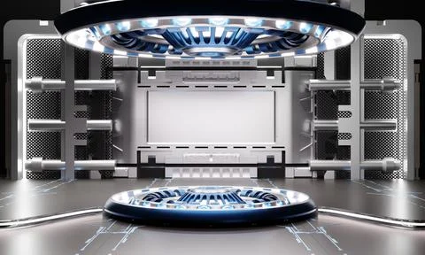 Sci-fi product podium showcase in spaceship with white and blue background... Stock Illustration