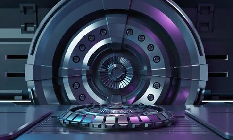 Sci-fi product podium showcase inside spaceship with security metal gate ba.. Stock Illustration