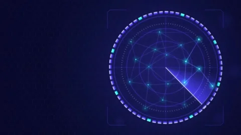Sci Fi Radar Scanning Interface with Glowing Digital Network Nodes Vidéo 347869757