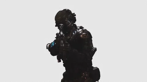 SCI-FI Recon Soldier Walk Shoot In Transparent Alpha Background 02 Stock Footage 213968829
